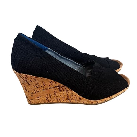 TOMS Shoes - TOMS Black Canvas Peep Toe Cork Wedges NWOB | 7